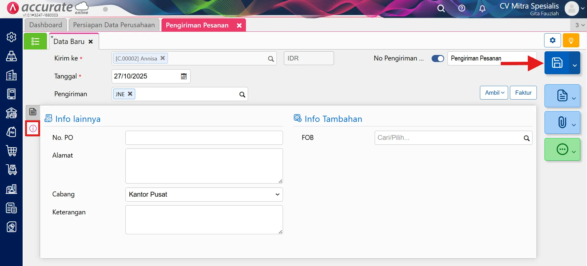 Mencatat pengiriman pesanan dari faktur dimuka